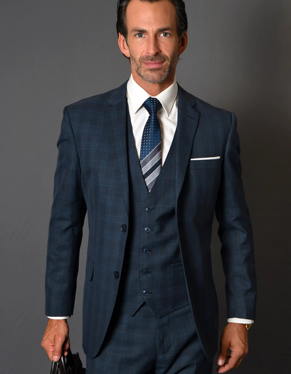 100% Uldjakkesæt: Klassisk Herrevest i Marineblå Plaid, Elegant Business-stil, Perfekt til Kontoret og Fest.