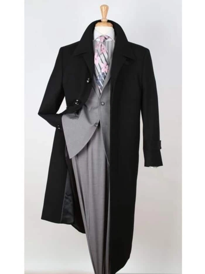 Sort uld gabardine frakke med bred krave: Klassisk elegance og uovertruffen stil til din garderobe.